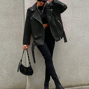 Black Casual Women's Zip Up Flap Detail Belted Moto Jacket